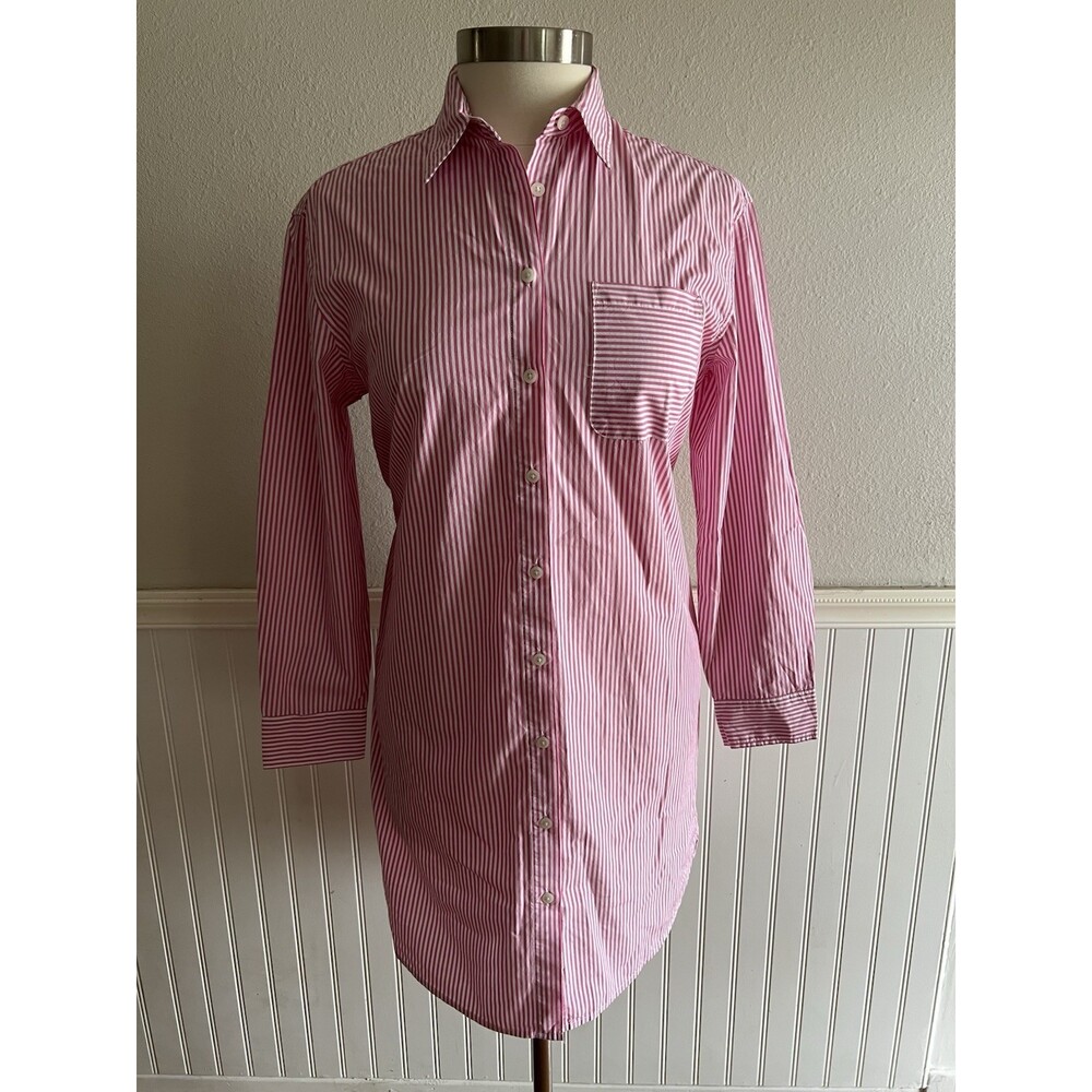 Southern Tide Button Up Long Sleeve Shirt Dress 100% Cotton Pink White Stripe XS